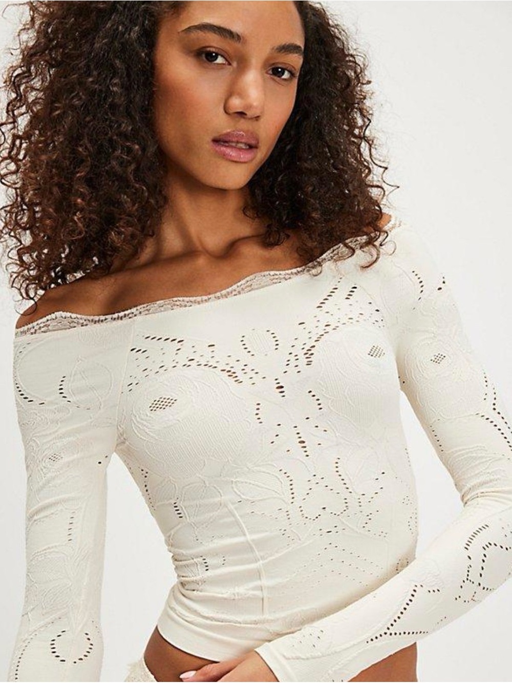 NWOT Free People Off-Shoulder Cream Lace Knit Top